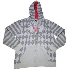 Hybrid tees fleur de lis skater jacket argyle stripe gray red distressed style
